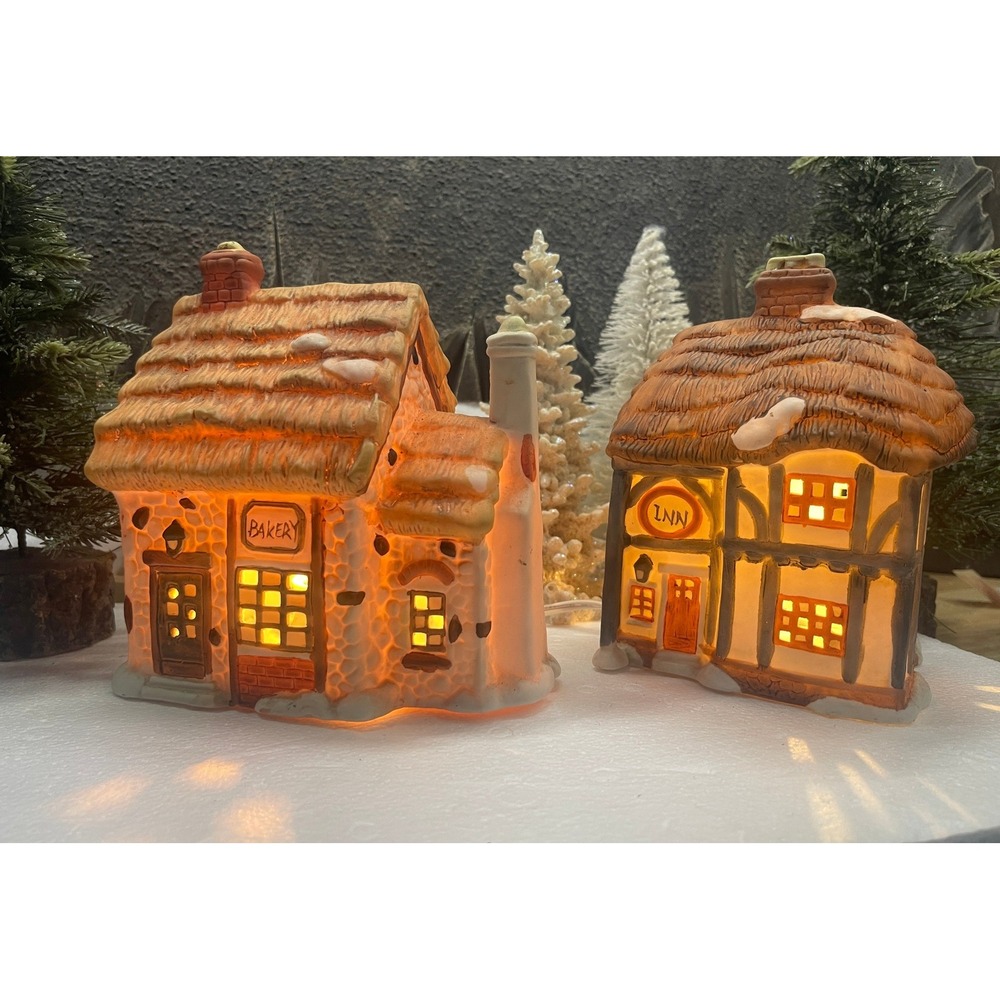 Vintage BAKERY & INN Victorian Dickens Christmas Village Set of 2  Thatched Roof